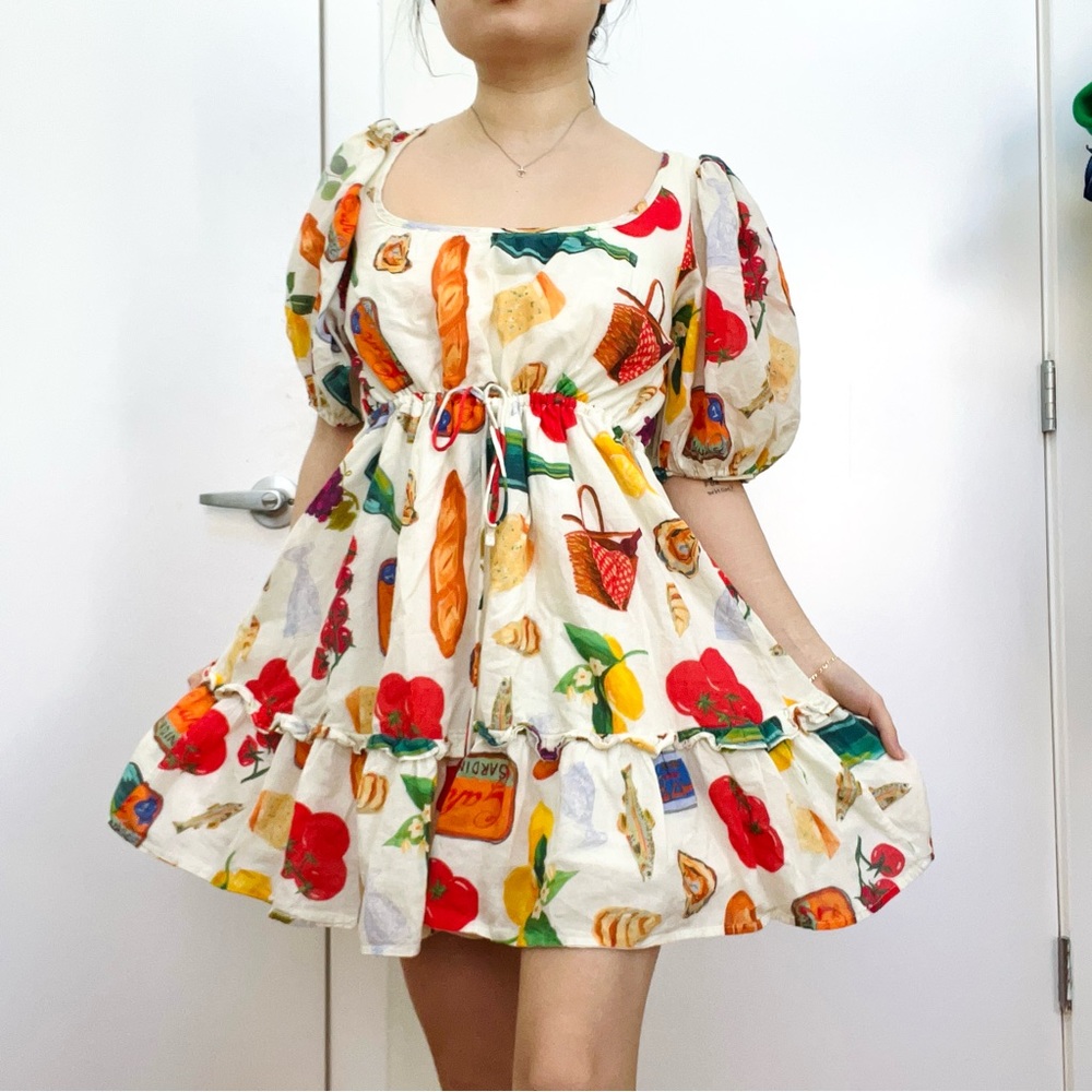 Lisa says gah summer picnic print babydoll dress with balloon sleeves XS